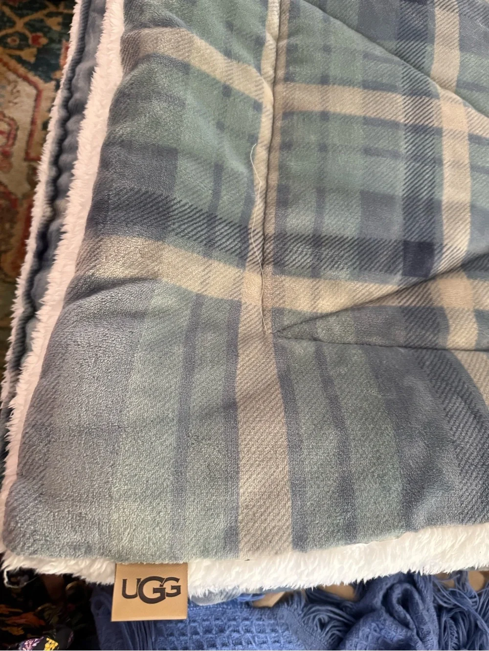 UGG Blue Plaid Oversized Sherpa Quilted Comforter Blanket 70x87